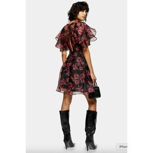 TOPSHOP Floral Mini Dress Size 8 Sheer Ruffle Organza Romantasy Whimsigoth Party